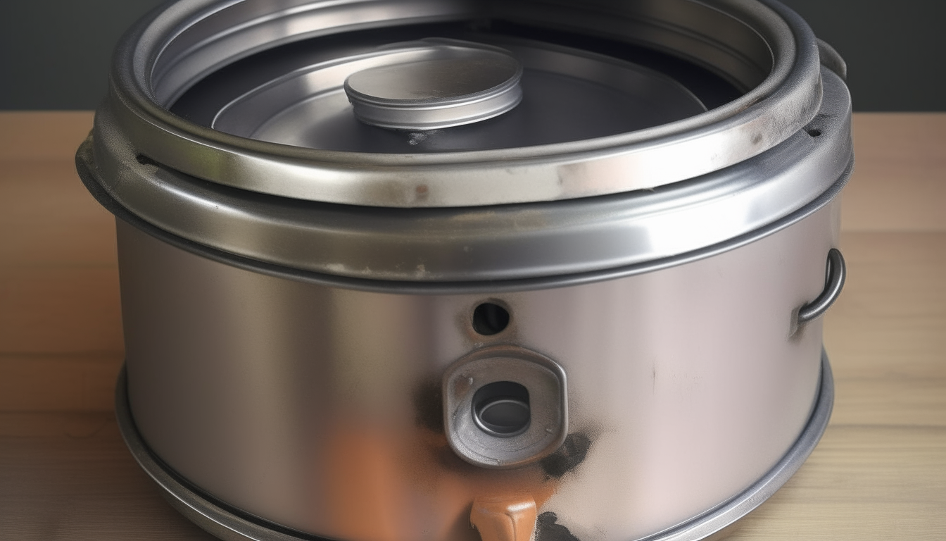 An old crockpot with its metal lid completely separated into two pieces, sitting harmlessly on a counter Photorealistic high resolution image