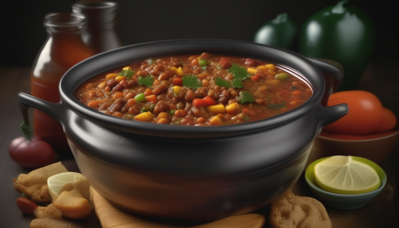 A recipe for vegetarian chili with beans and vegetables simmering in a crockpot Photorealistic high resolution image