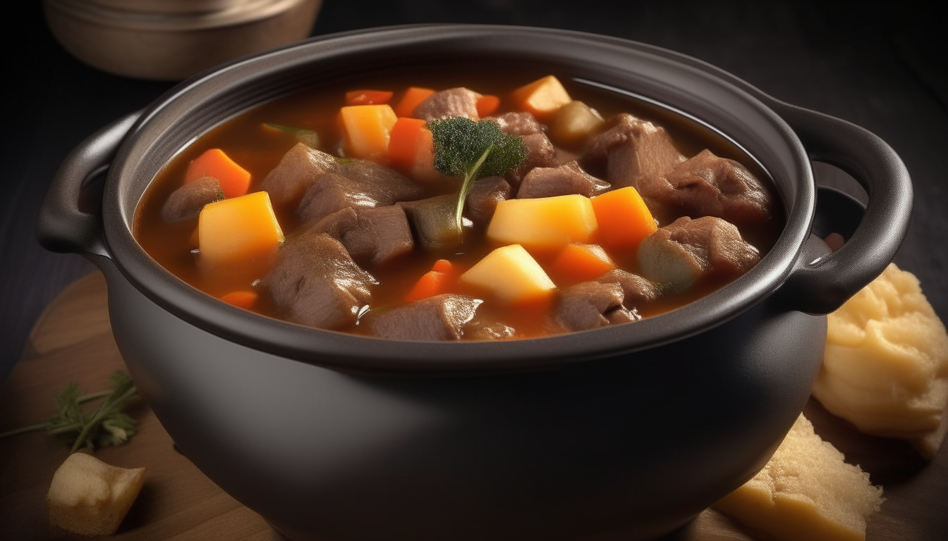 A recipe for beef stew with potatoes, carrots and gravy simmering in a crockpot Photorealistic high resolution image