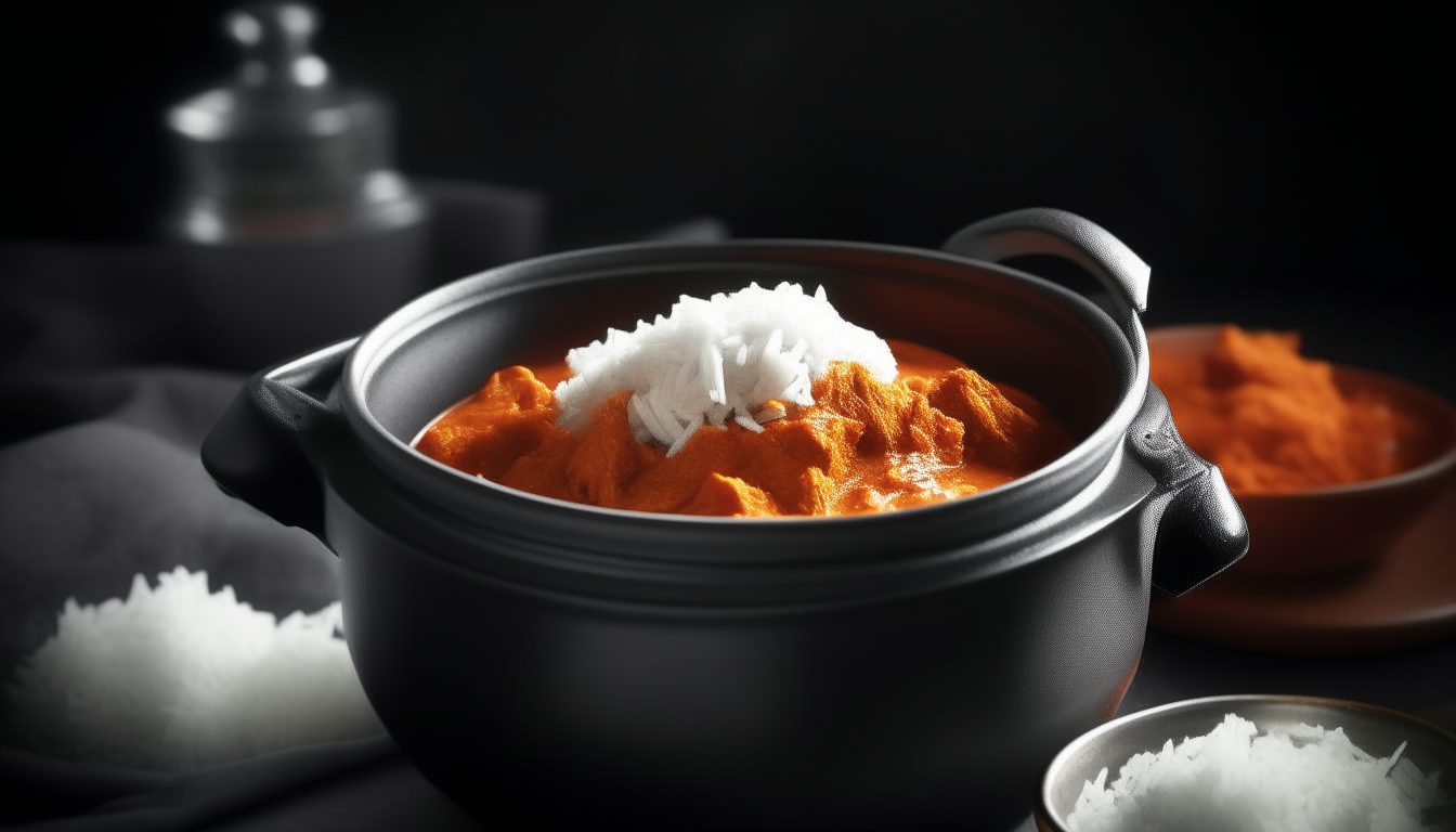 A recipe for chicken tikka masala with rice simmering in a crockpot Photorealistic high resolution image