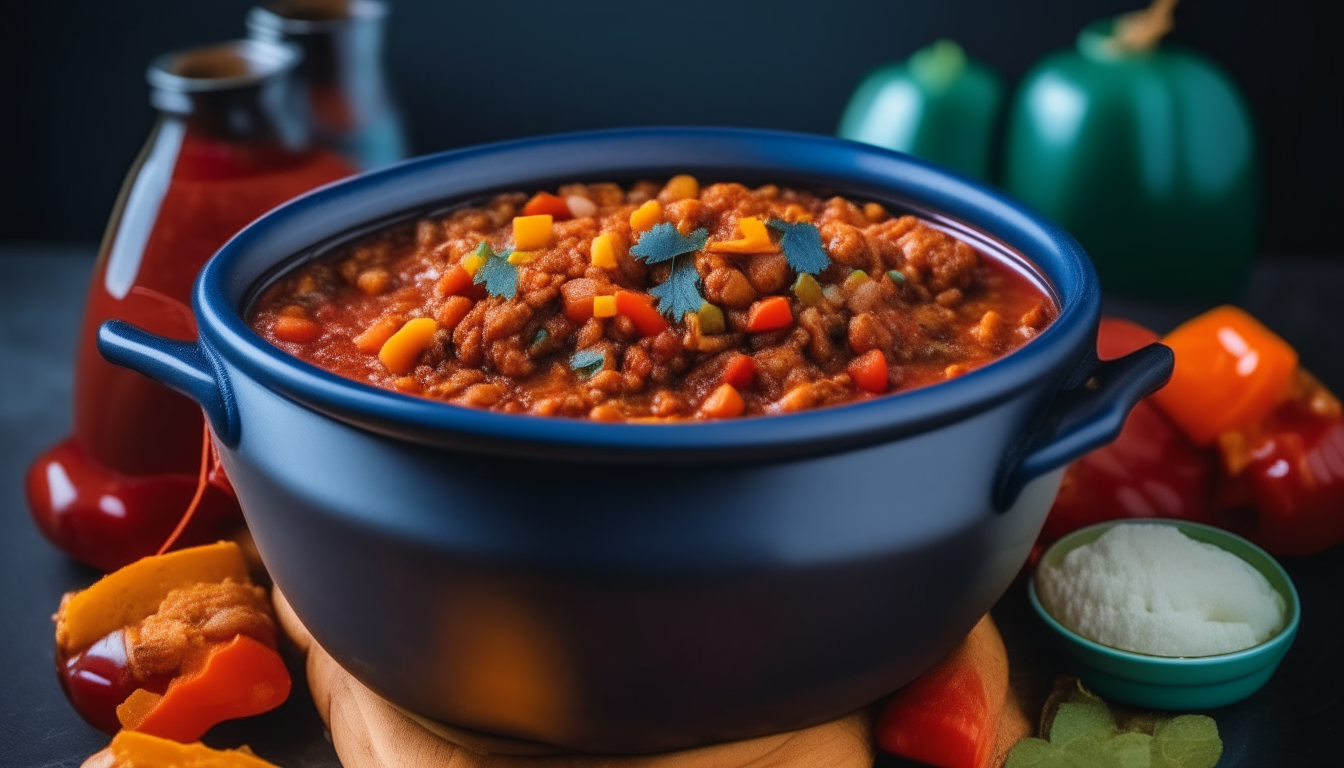 A recipe for vegetarian chili with beans and vegetables simmering in a blue crockpot