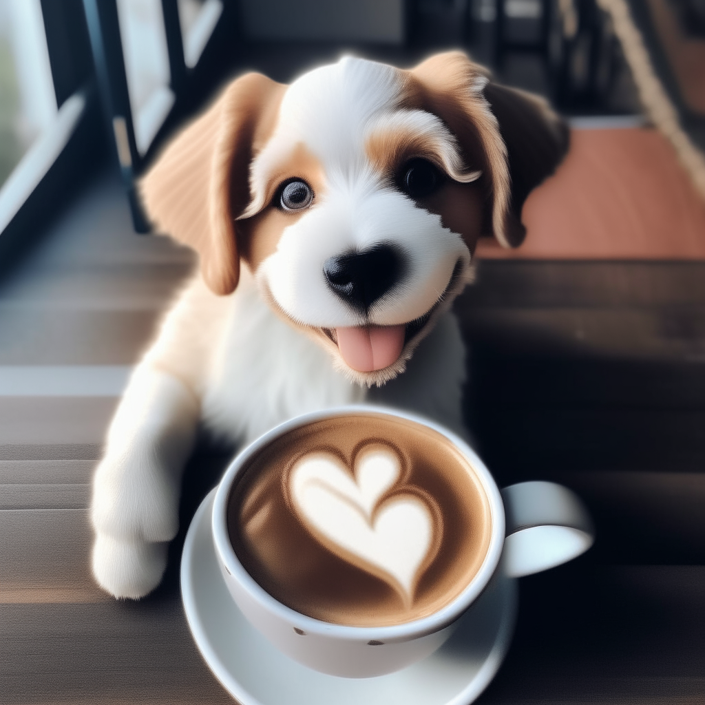 a happy puppy drinking a latte with heart-shaped foam art