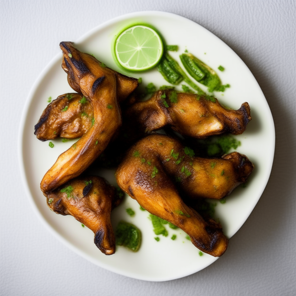 Cilantro-lime chicken wings on a white plate, photographed from above with bright studio lighting, razor-sharp focus on the chicken wings