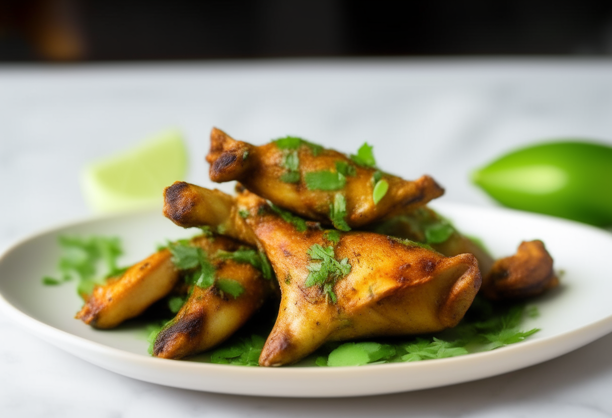 Cilantro-lime chicken wings on a white plate, photographed from the side with bright studio lighting, razor-sharp focus on the chicken wings