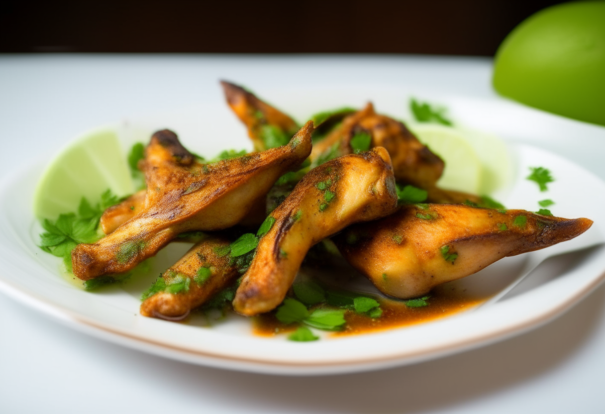 Cilantro-lime chicken wings on a white plate, photographed at an angle with bright studio lighting, razor-sharp focus on the chicken wings