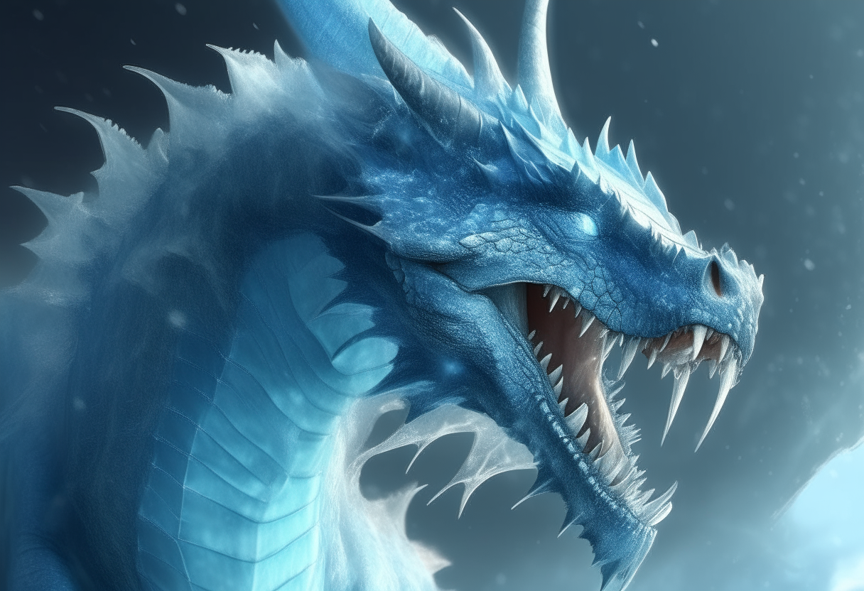 A realistic icy blue dragon with shimmering scales and icy spikes down its back, spewing a blast of ice from its mouth, digital art