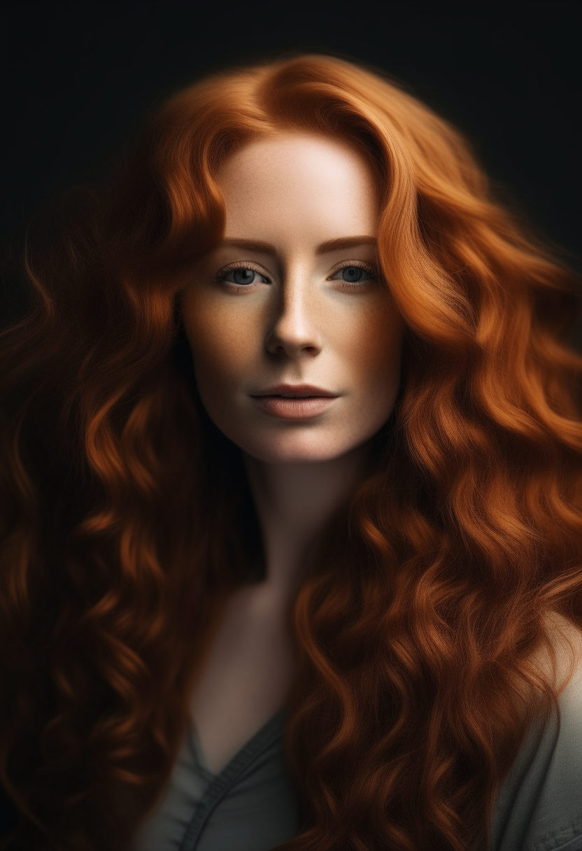 A beautiful ginger woman of 30 years with long wavy hair