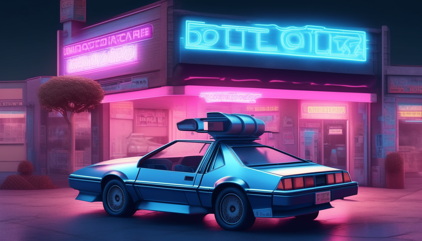 Create a high quality realistic image of a Delorean in front of an 80's video store. The store sign is in neon blue and pink colors