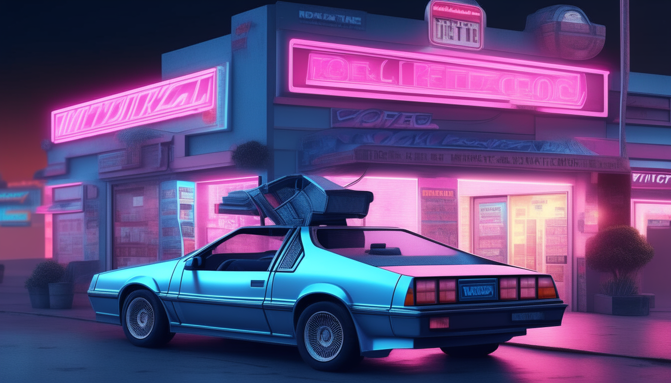 Create a high quality realistic image of a Delorean in front of an 80's video store. The store sign is in neon blue and pink colors