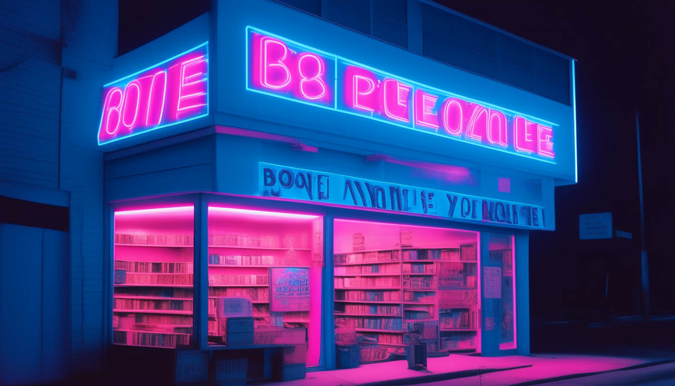 a neon blue and pink colored sign for a 1980's style video rental store at night