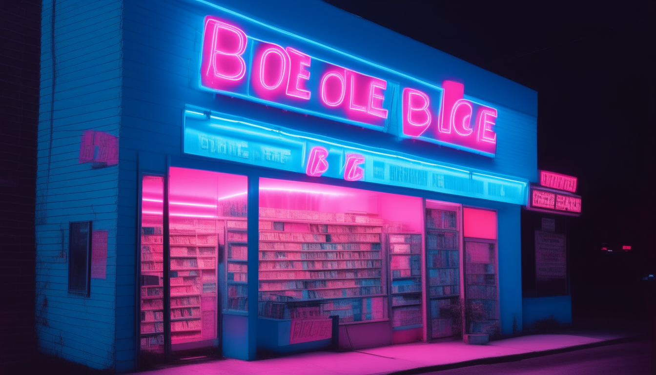 a neon blue and pink colored sign for a 1980's style video rental store at night