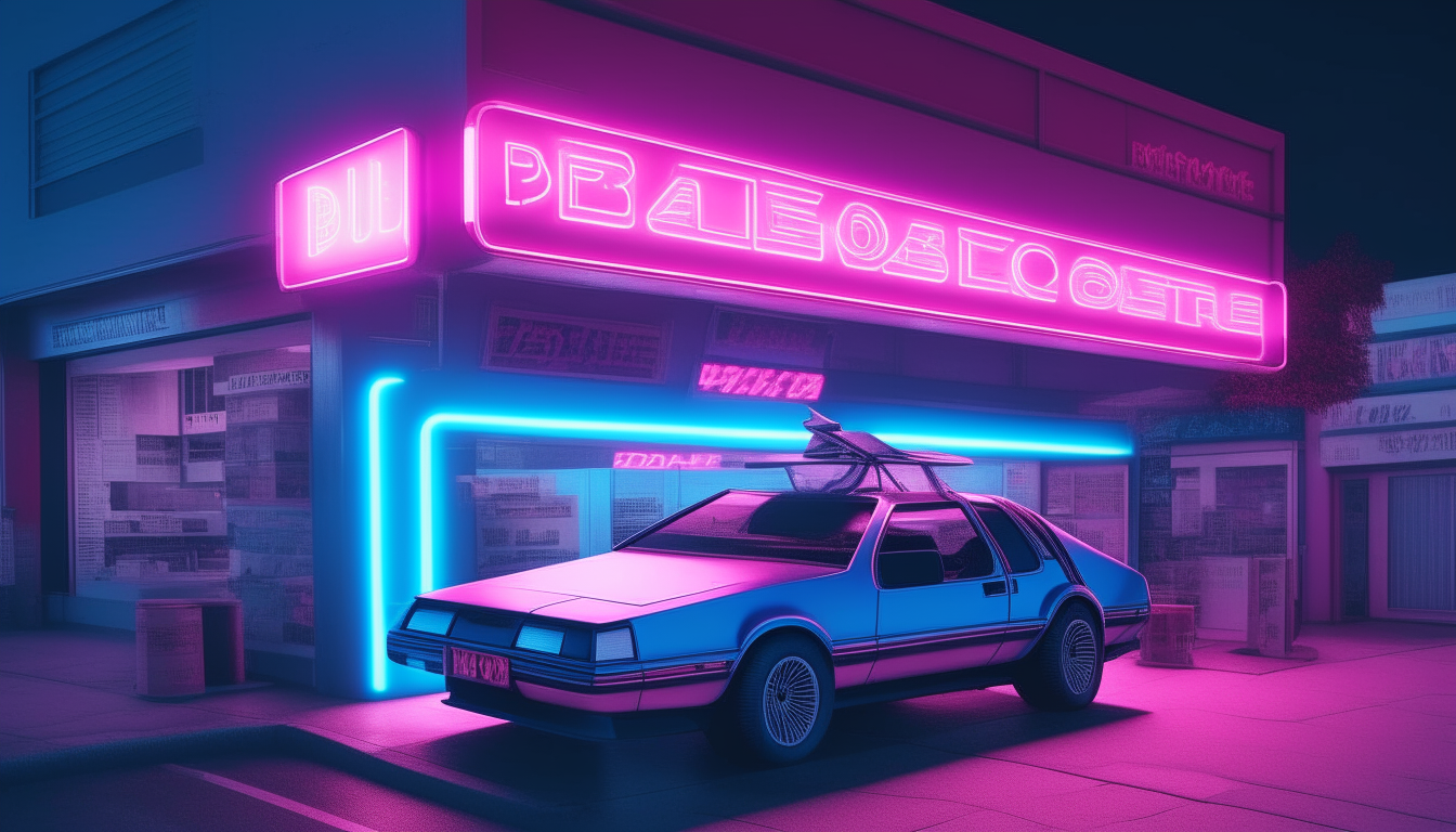uma loja de vídeo dos anos 80 com uma placa de néon azul e rosa, com um delorean estacionado na frente