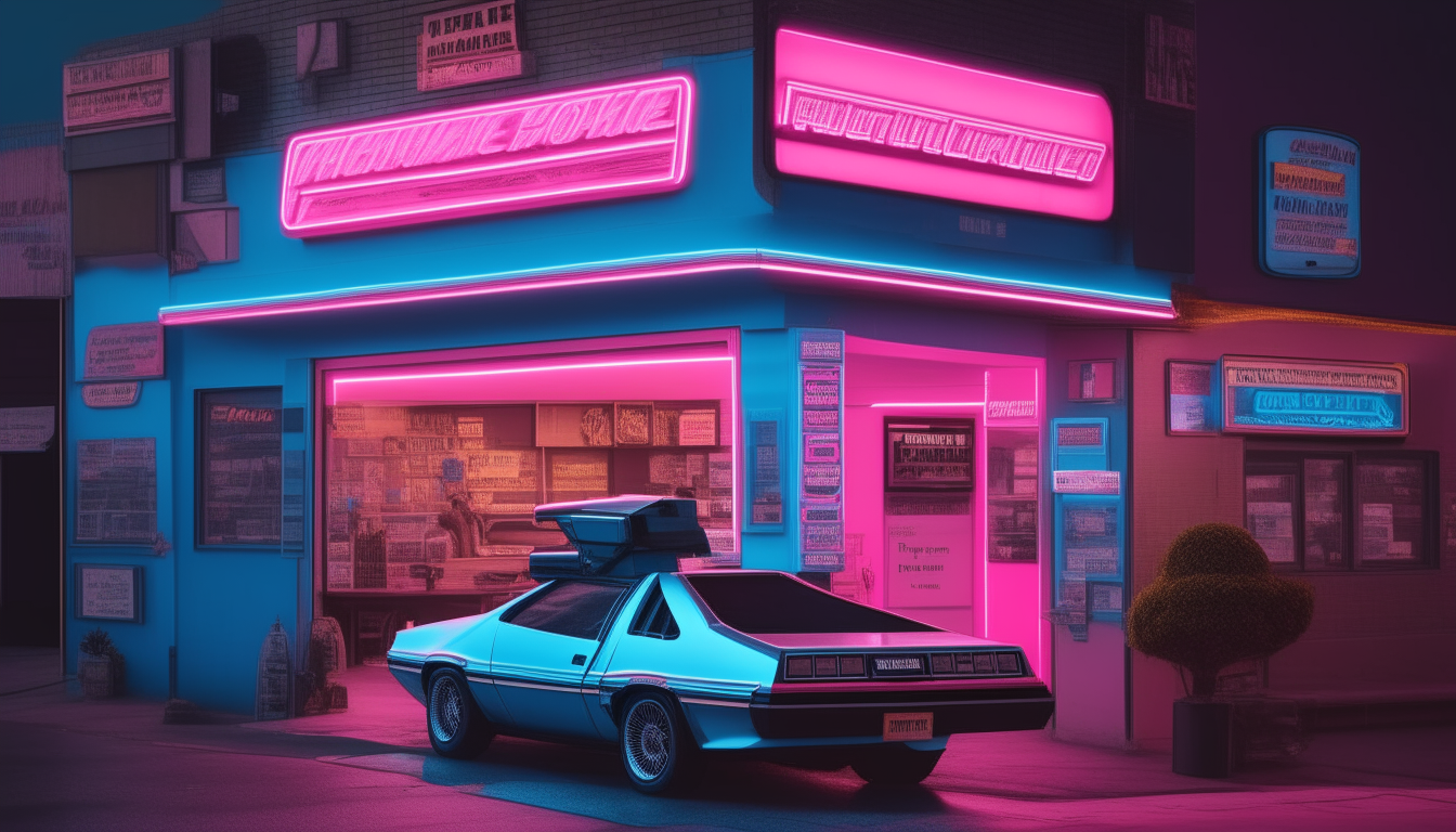 a 1980s style video rental store with a neon blue and pink sign, with a highly detailed DeLorean car parked in front