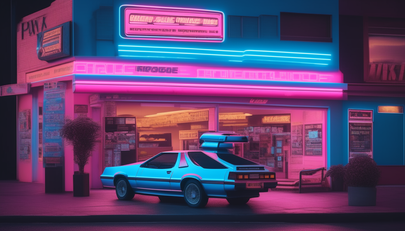 a 1980s style video rental store with a neon blue and pink sign, with a highly detailed DeLorean car parked in front
