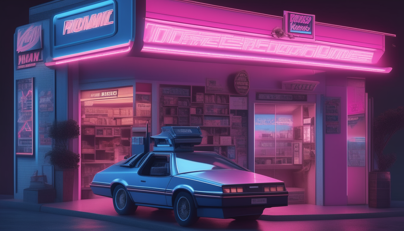 a highly detailed and photorealistic 1980s video rental store with a neon pink and blue sign, with a DeLorean parked in front