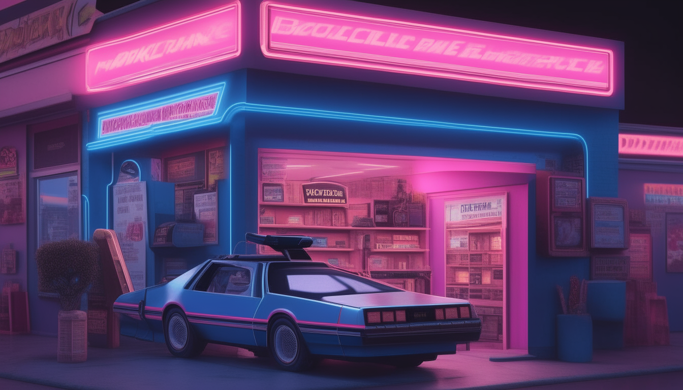 a highly detailed and photorealistic 1980s video rental store with a neon pink and blue sign, with a DeLorean parked in front