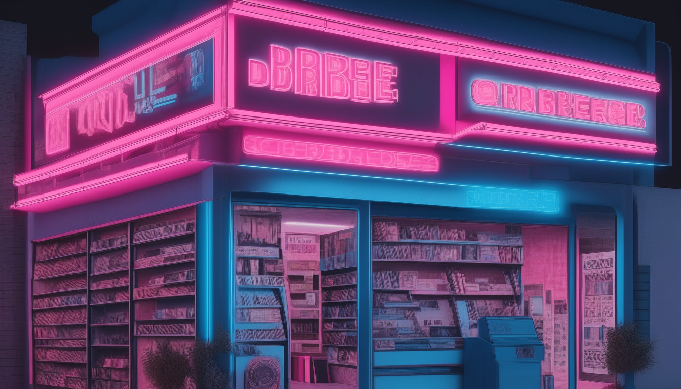 a highly detailed and photorealistic 1980s video rental store with a neon pink and blue sign