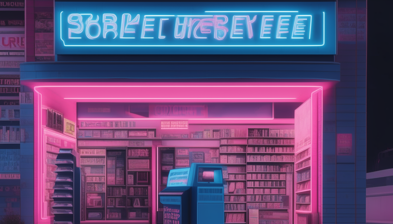 a highly detailed and photorealistic 1980s video rental store with a neon pink and blue sign