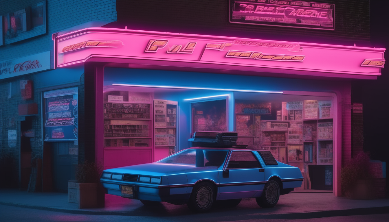 a highly detailed 1980s video rental store with a neon pink and blue sign, with a DeLorean car parked in front
