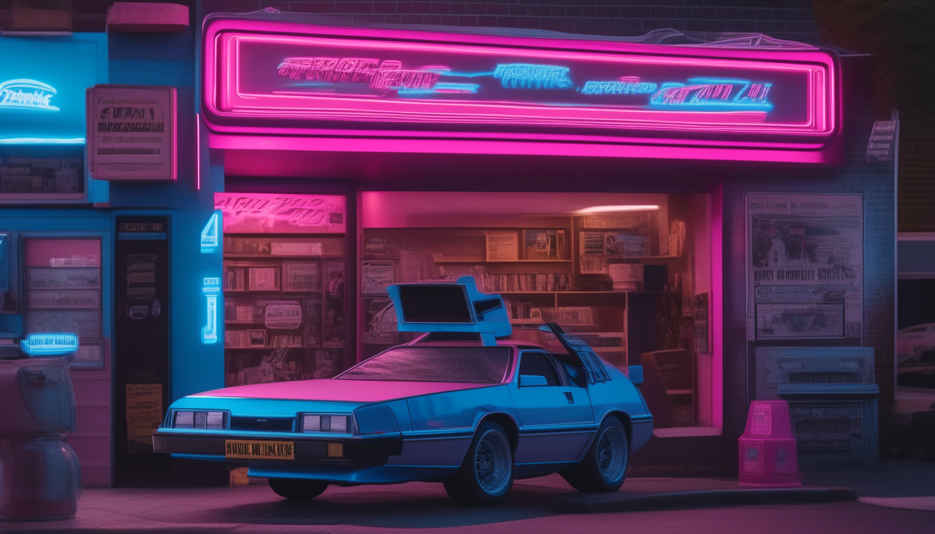 a highly detailed 1980s video rental store with a neon pink and blue sign, with a DeLorean car parked in front