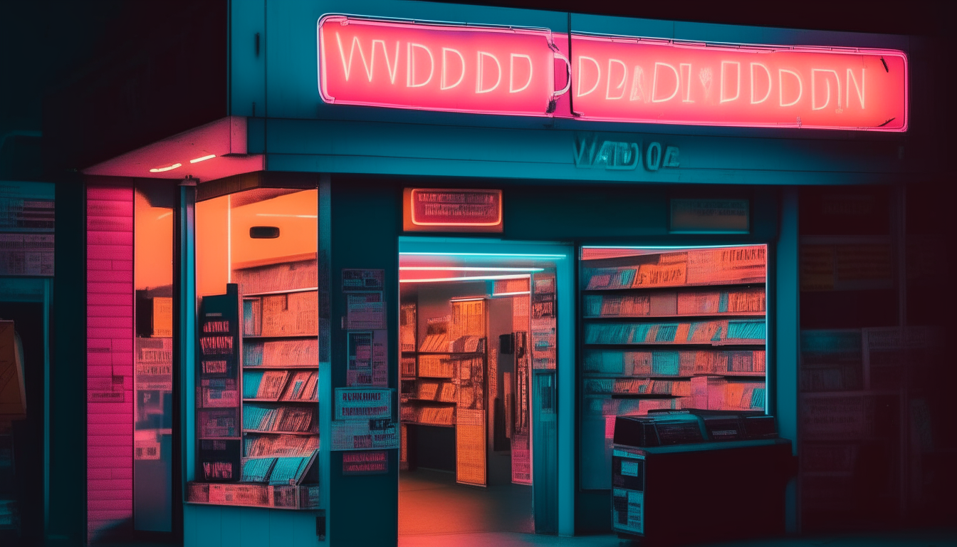 a 1980s style video rental store with a neon sign