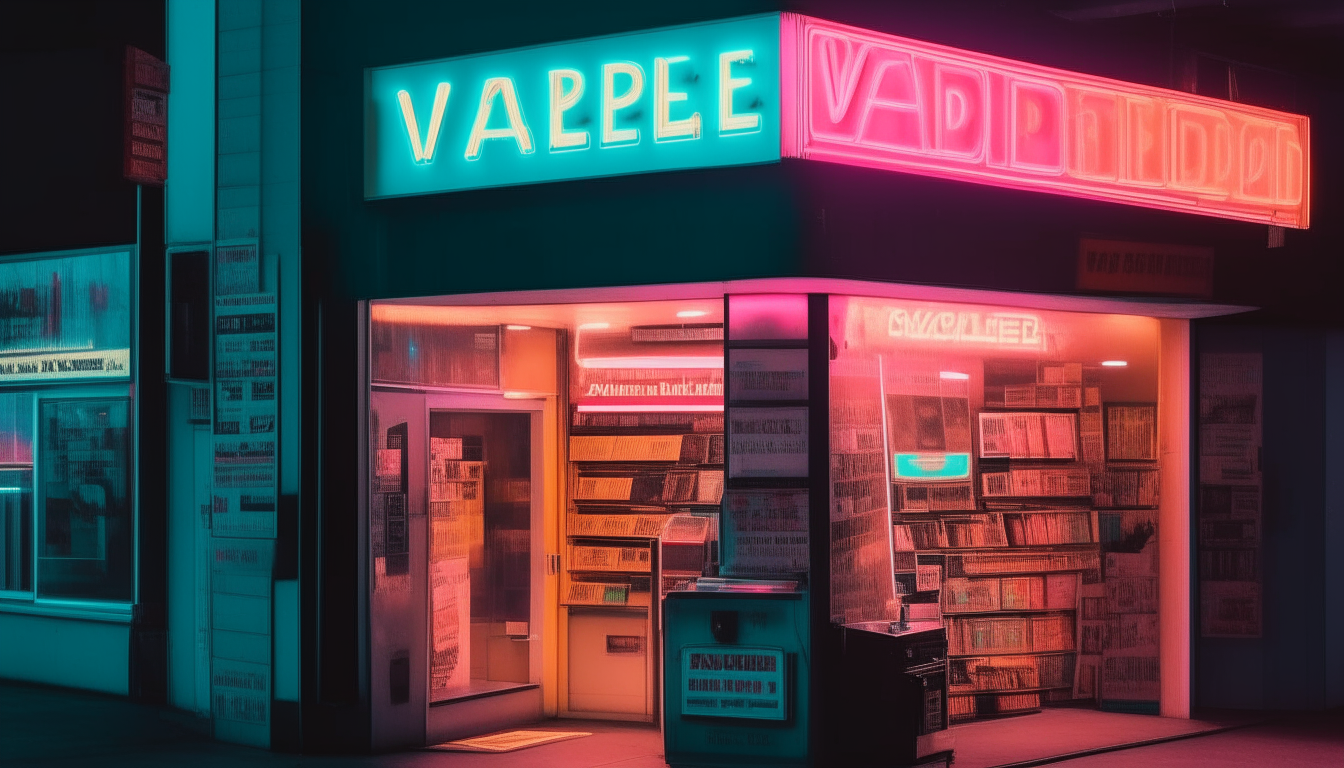 a 1980s style video rental store with a neon sign