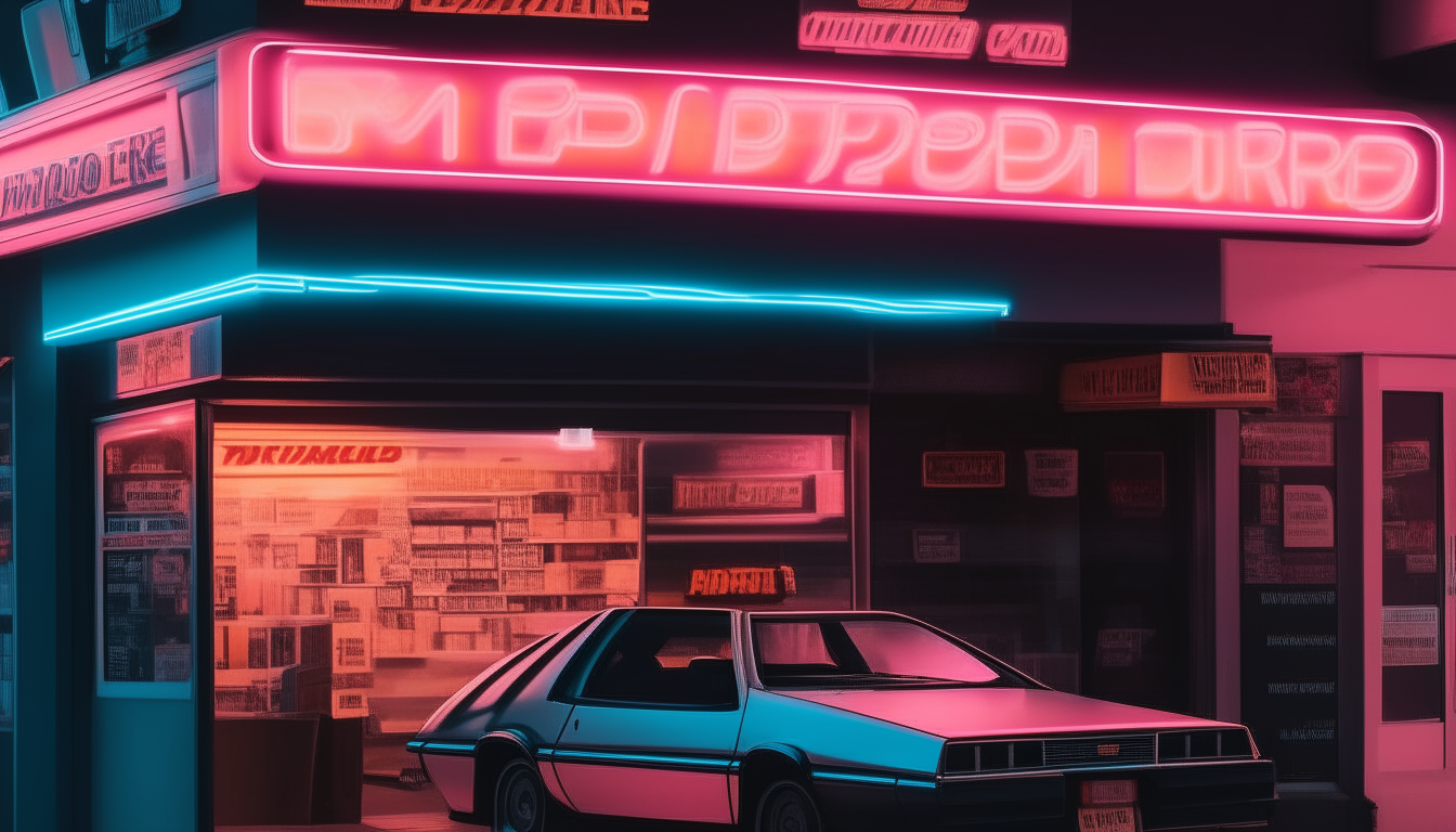 a 1980s style video rental store with a neon sign and a DeLorean car parked in front