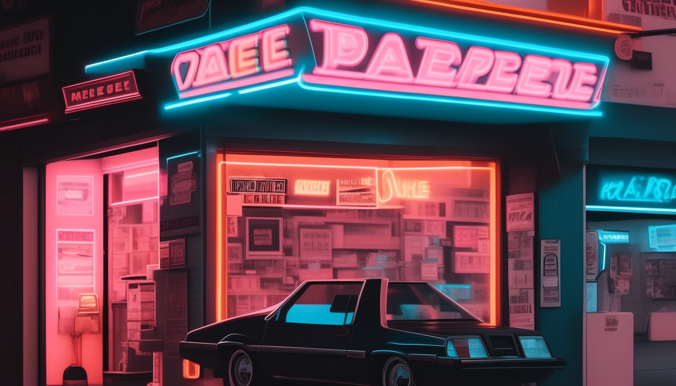 a 1980s style video rental store with a neon sign and a DeLorean car parked in front