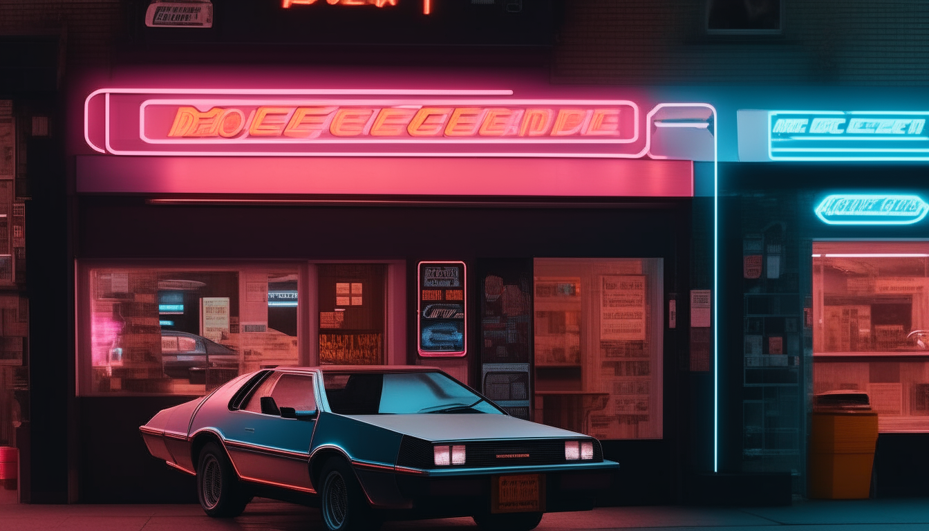 a 1980s style video rental store with a neon sign and a DeLorean car parked in front, similar to image 17