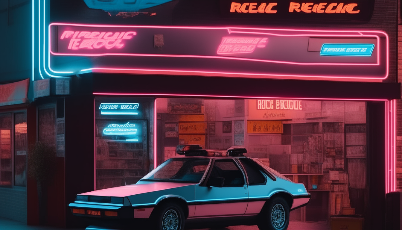 a 1980s style video rental store with a neon sign and a DeLorean car parked in front, similar to image 17