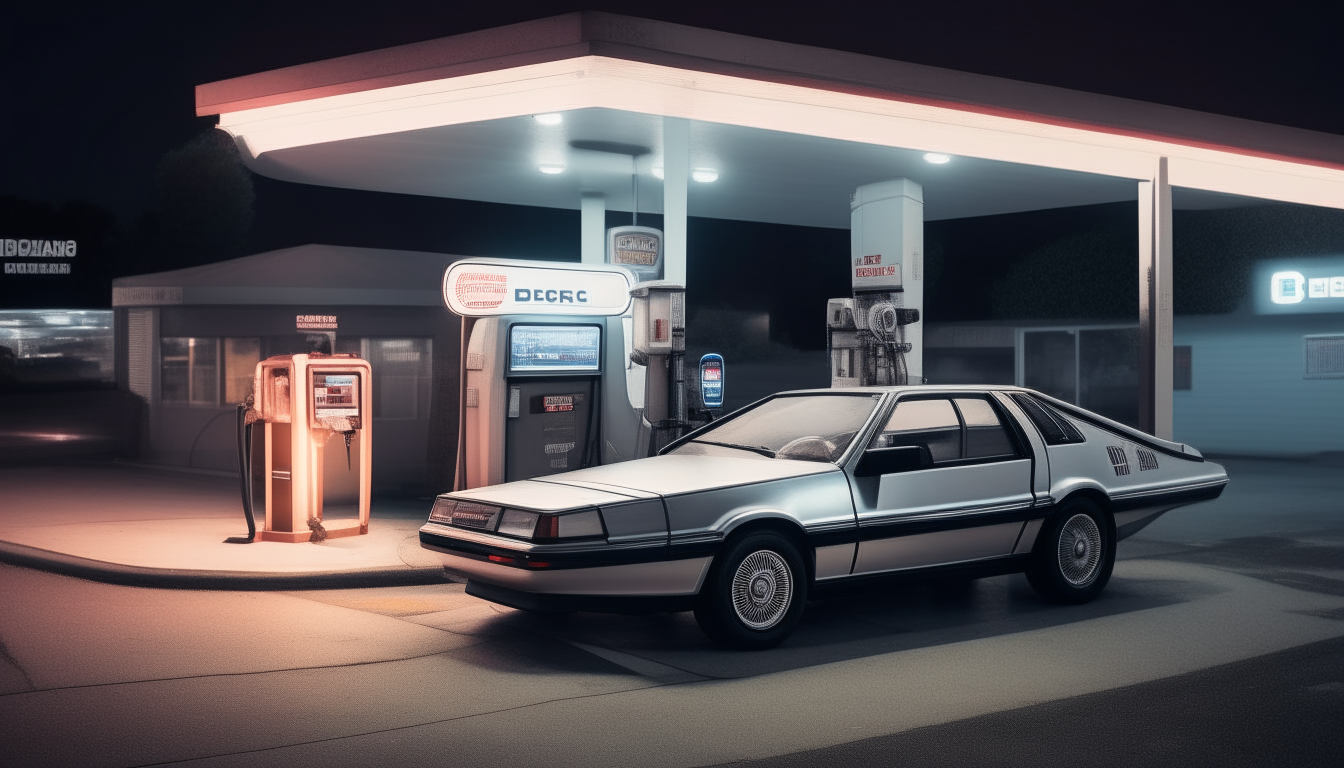 a 1980s gas station with a dmc delorean parked in front of the pumps