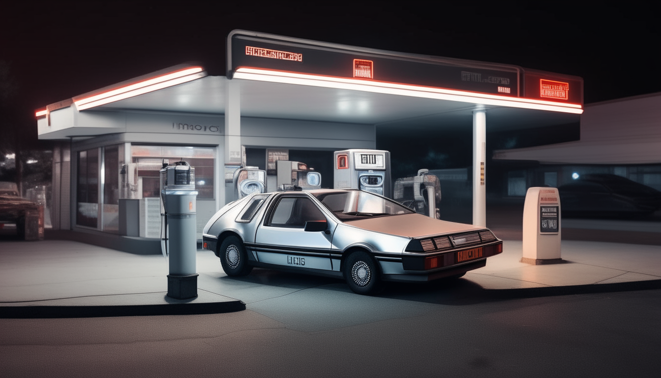 a 1980s gas station with a dmc delorean parked in front of the pumps