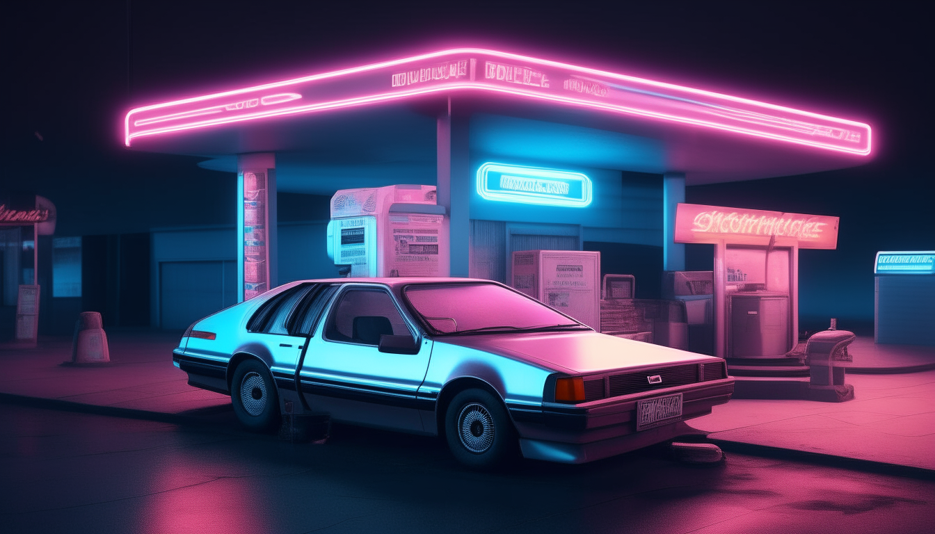 a 1980s gas station at night with a dmc delorean parked in front, illuminated by glowing neon blue and pink lights