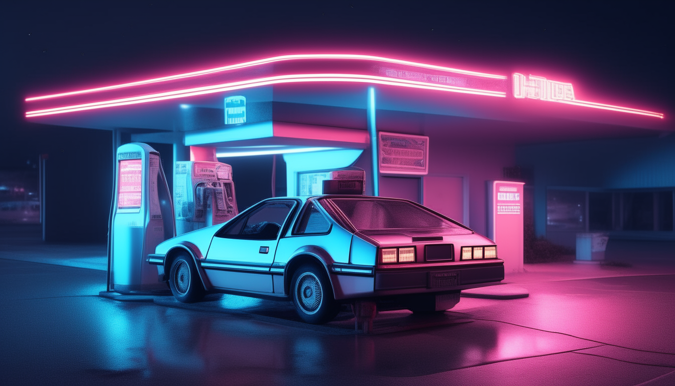 a 1980s gas station at night with a dmc delorean parked in front, illuminated by glowing neon blue and pink lights