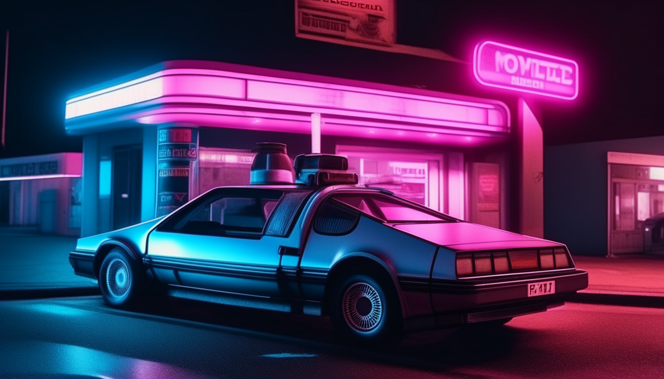 um posto de gasolina no estilo dos anos 80 à noite, com um delorean estacionado na frente e o letreiro do posto em neon azul e rosa