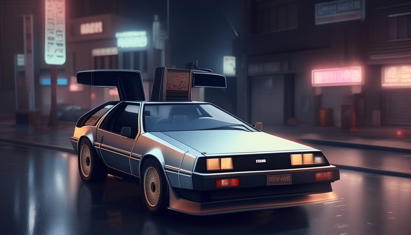 a highly detailed delorean car in an 80s city street at night
