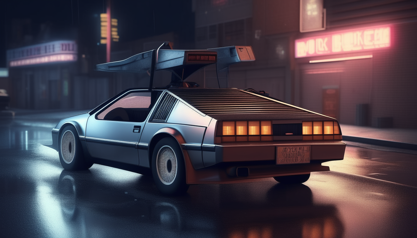 a highly detailed delorean car in an 80s city street at night
