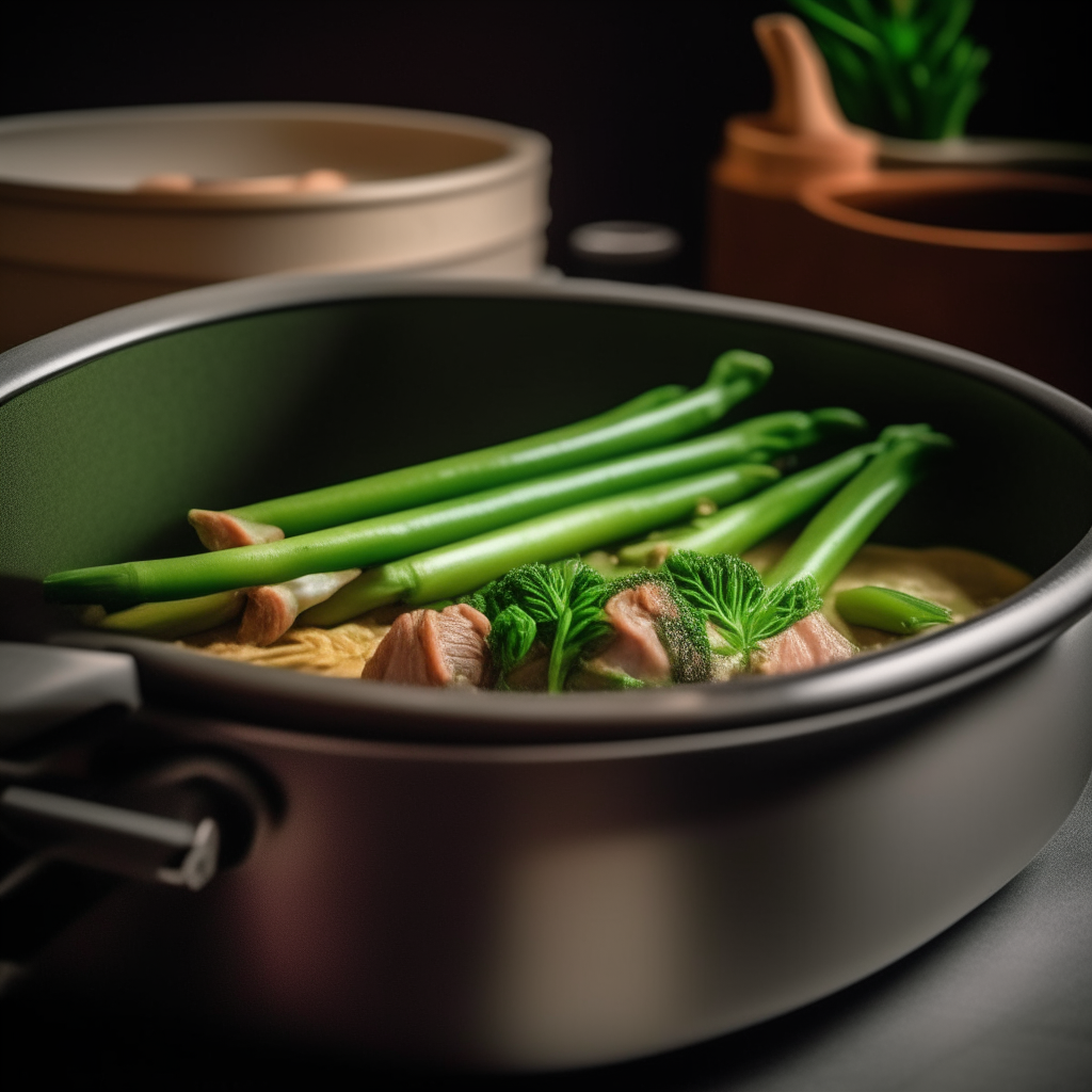 A mouthwatering photo of tender lamb and vibrant green asparagus stir frying in a ceramic crock pot on a kitchen counter