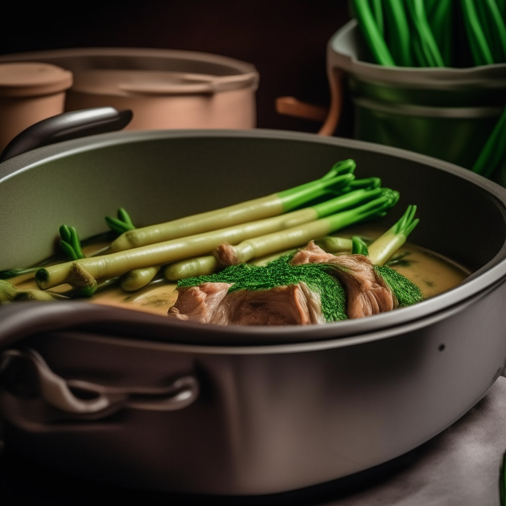 A mouthwatering photo of tender lamb and vibrant green asparagus stir frying in a rich, juicy broth in a ceramic crock pot on a kitchen counter