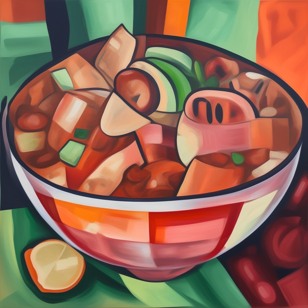 a painting of a close up bowl of food with meat and cilantro in an abstract cubist style