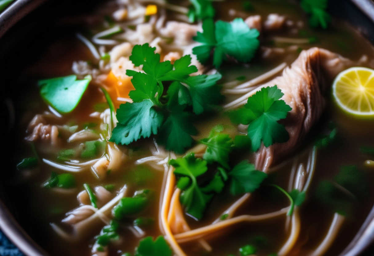 A close up of a bowl of food with meat and cilantro, the broth looks extra saucy and juicy