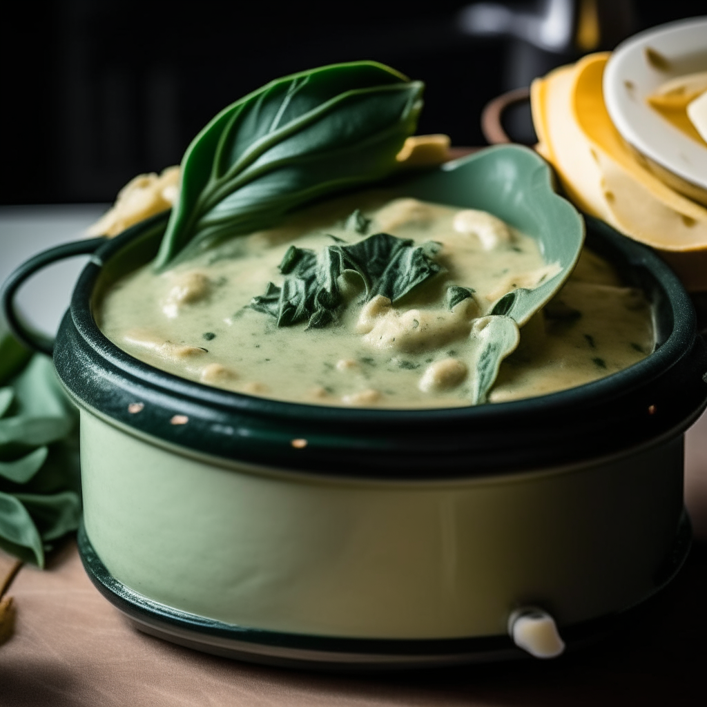 A mouthwatering photo of warm, creamy spinach and artichoke dip bubbling gently in a ceramic crock pot on a kitchen counter top