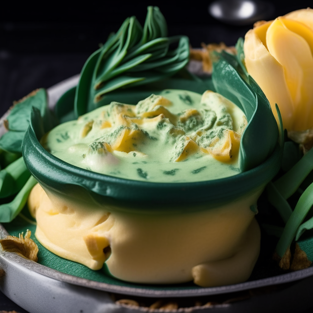 A mouthwatering close up photo of creamy spinach and artichoke dip, with visible spinach leaves and artichoke pieces