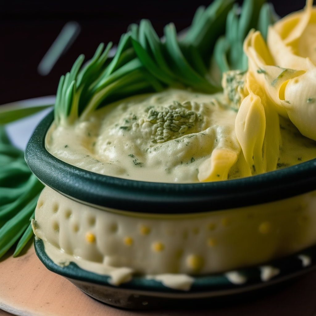 A close up of creamy artichoke dip with no visible spinach leaves