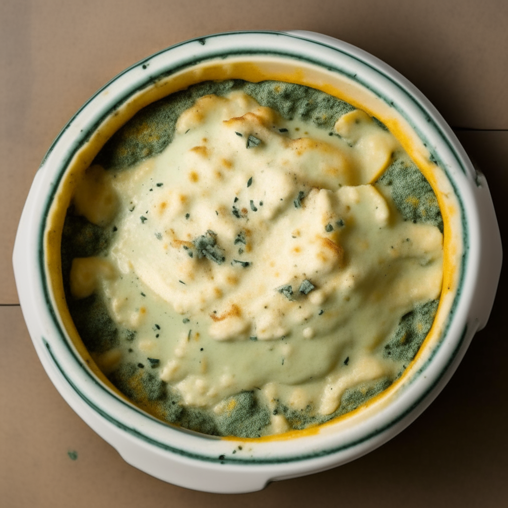 A photo looking directly down at a warm spinach and artichoke dip in a white bowl, cheese bubbling on top, taken from above with natural lighting