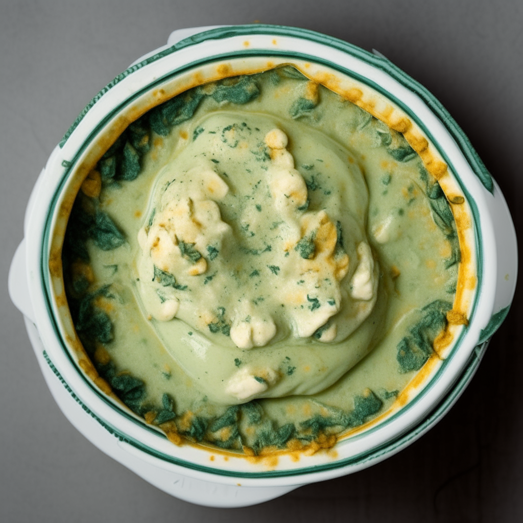 A photo looking directly down at a warm spinach and artichoke dip in a white bowl, the colors smoothly blended together