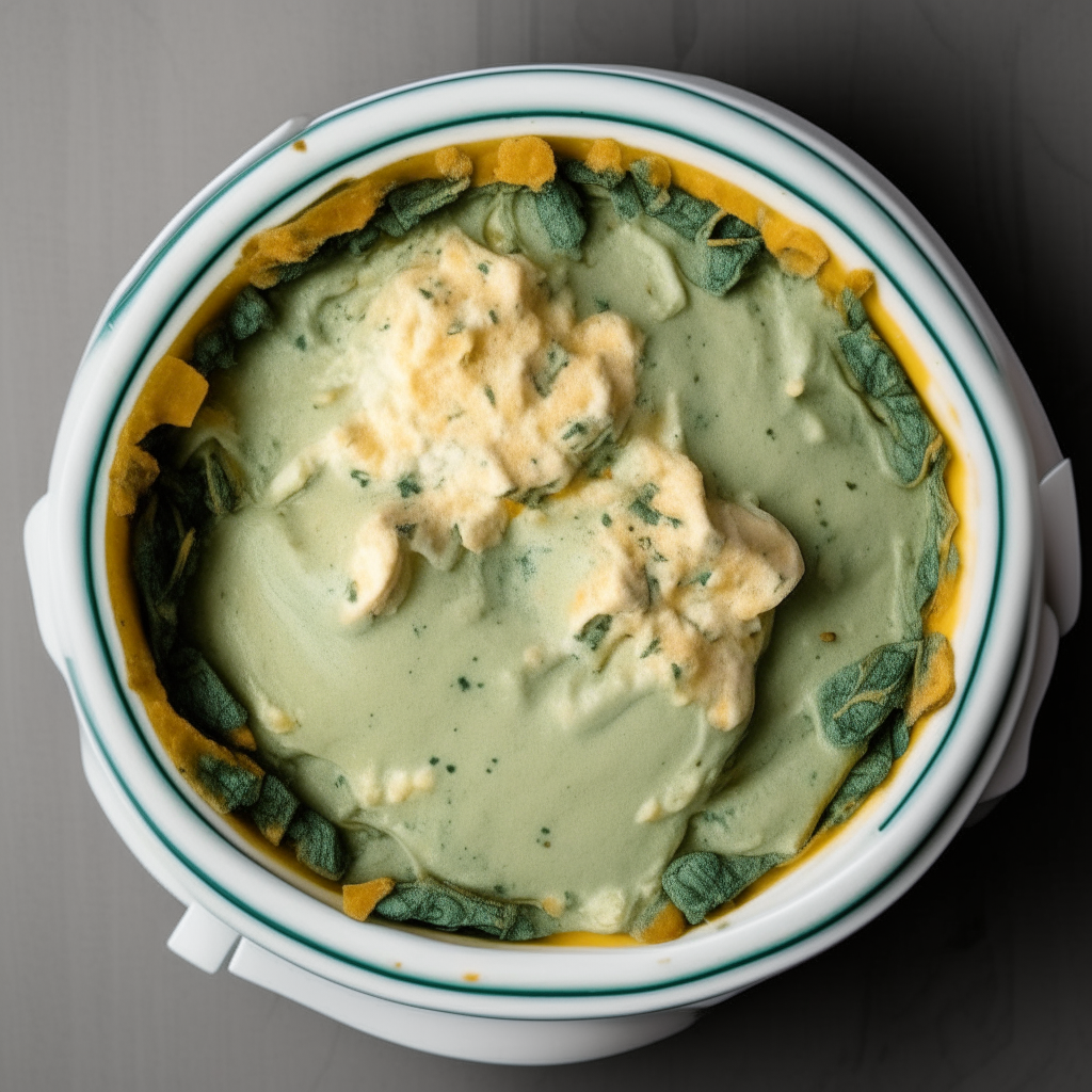 A photo looking directly down at a warm spinach and artichoke dip in a white bowl, the dip extends smoothly to the edges