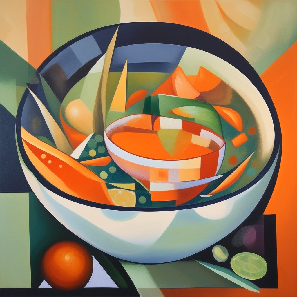 a cubist painting of a bowl of soup with geometric shapes representing fish, carrots, celery and peas