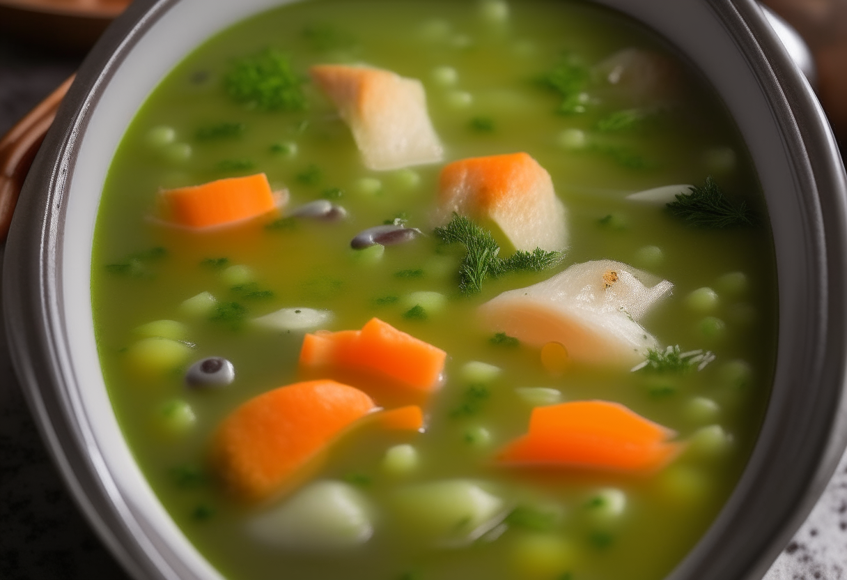 A bowl of soup with fish, carrots, celery and peas, the broth looks very juicy and delicious