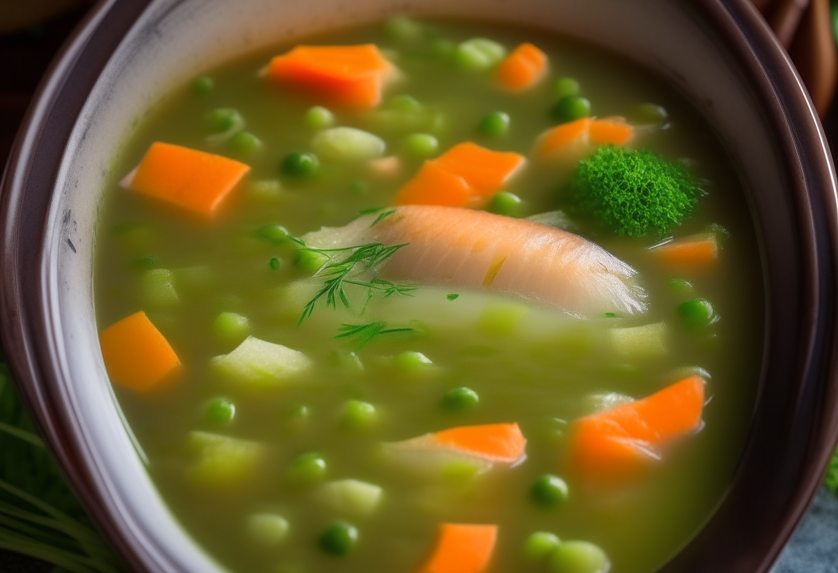 A bowl of delicious soup with fish, carrots, celery and peas, the broth looks very juicy